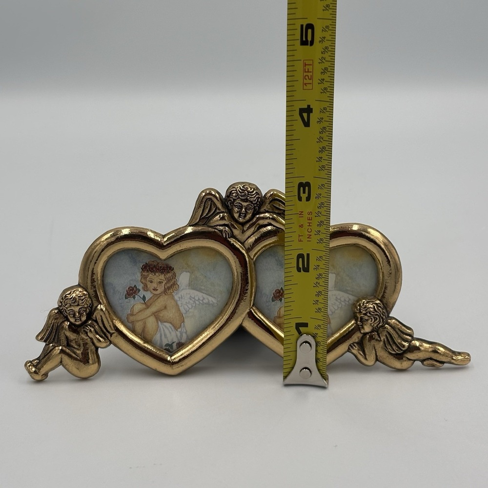Vintage Brass Angels Trio Twin Heart Picture Frame Cherub Photo Holder Barouque - Picture 12 of 13